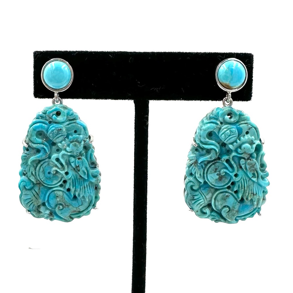 Sterling Silver Carved Turquoise Drop Dangle Earrings Asian Style